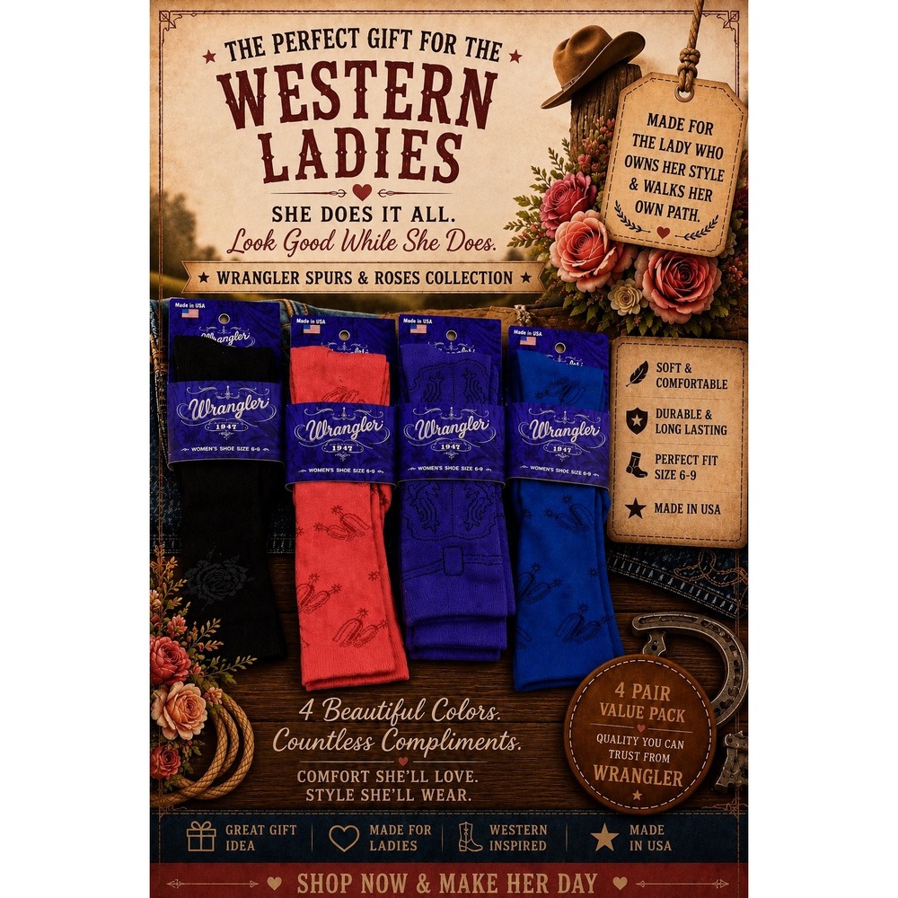 Wrangler Socks Ladies Rose Spurs Boots Pattern Socks 4 Pair‎ Pack Size 6-9 NWT